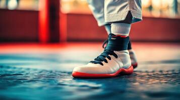 Close-up view of athletic footwear on a person's feet photo