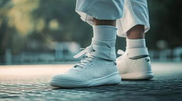 Close-up view of athletic shoes on feet outdoors. photo