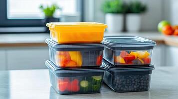 Stacked plastic containers filled with assorted colorful vegetables and fruits. photo