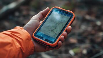 Close-up of a person's hand holding a smartphone with a map displayed. photo