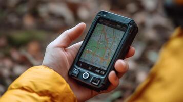 Close-up of a rugged phone displaying a map. photo