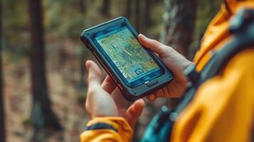 Person using a rugged tablet outdoors for navigation. photo