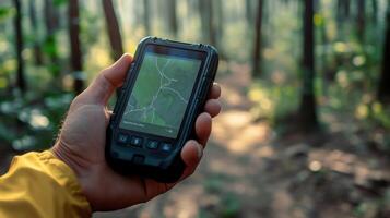 A person holds a rugged device displaying a digital map in a forest. photo