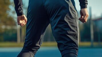 Close-up view of athletic pants on a person. photo