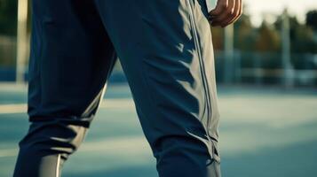 Close-up view of dark teal athletic pants on a person. photo
