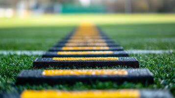 Focus on a line of training hurdles on a grass field photo
