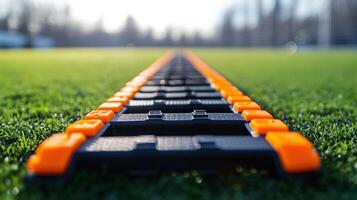 An exercise agility ladder laying on green artificial sports turf photo