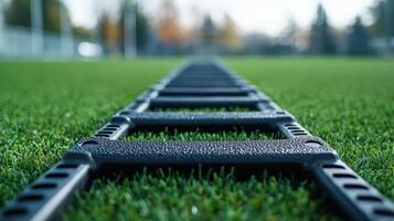 A black ladder used for athletic drills on green turf photo