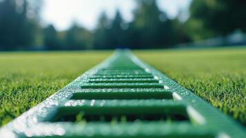 A green agility ladder placed on a vibrant grassy field photo