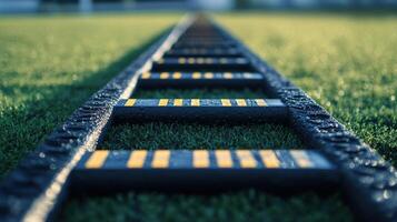 The athletic agility ladder rests on a vibrant green surface photo