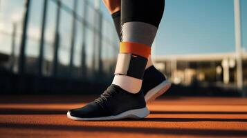 Athletes Legs Showing Ankle Device And Running Sport Equipment photo