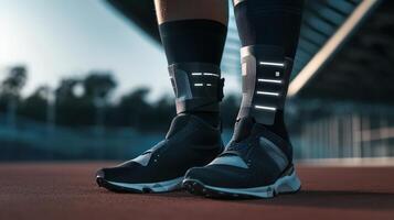 Athlete wearing athletic shoes and support devices on track photo