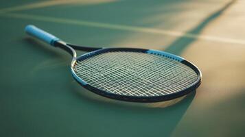 A tennis racquet resting on a green and yellow court surface photo