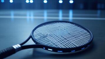A tennis racket rests on the court in a blue illuminated scene photo