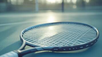 A tennis racket rests on the court during the daytime photo