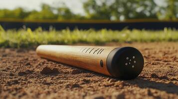 Wooden baseball bat resting on the baseball fields surface photo
