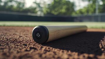 A wooden baseball bat resting on dirt field surface photo