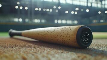 A wooden baseball bat rests on the fields dirt surface photo
