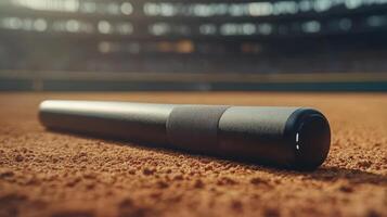 A baseball bat resting on the field during an afternoon game photo
