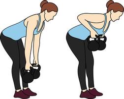 Side view illustration of a woman demonstrating the kettlebell bent over rows in two stages. Ideal for gym, fitness, posters, online tutorials, health and wellness or strength training instructions vector