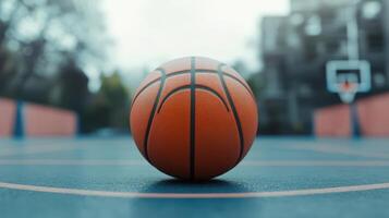 An orange basketball rests upon a blue court ready for play photo