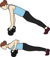 Side view illustration of a woman demonstrating the kettlebell push up in two stages. Ideal for gym, fitness, posters, online tutorials, health and wellness or strength training instructions vector