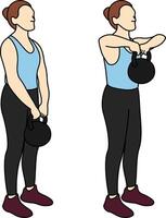 Side view illustration of a woman demonstrating the kettlebell upright row in two stages. Ideal for gym, fitness, posters, online tutorials, health and wellness or strength training instructions vector