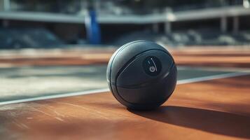 A modern basketball with embedded technology on a court photo