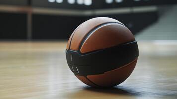 A brown basketball rests peacefully on a smooth wooden floor photo