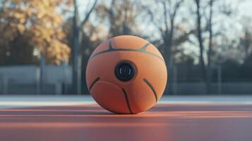 A futuristic smart basketball with integrated camera on court outdoors photo