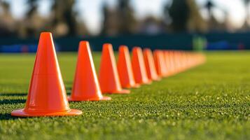 Bright orange cones aligned on a green training turf field photo