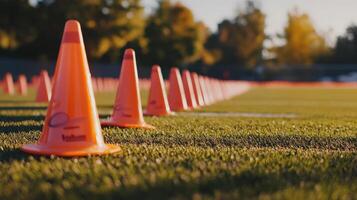 Orange traffic cones aligned on a grassy sports field photo