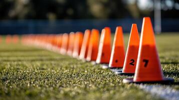 A straight line of orange training cones on a green field photo