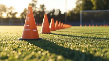 Orange traffic cones arranged in a row on a green field photo