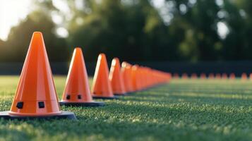 Orange Cones Lined Up on a Green Grass Field photo