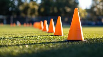 A row of orange cones on a vibrant green playing field photo