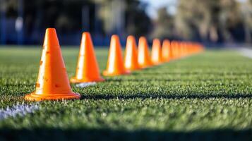 Bright orange traffic cones line a sports field neatly photo