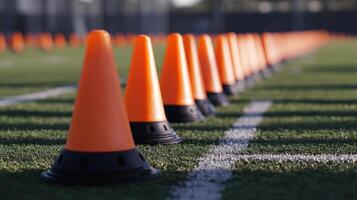 An orange and black line of cones arranged on green turf photo