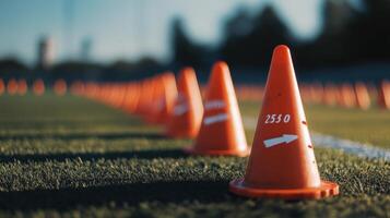 Orange traffic cones are arranged on green grass during daylight hours photo