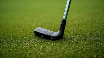 A close up image of a putter on a green lawn photo