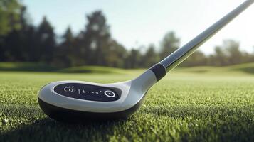 A modern golf club resting on green grass with buttons photo