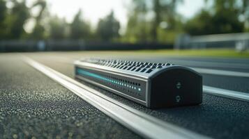 A rectangular device resting on a textured track surface photo