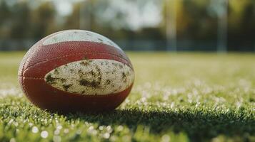 A dirty rugby ball rests on a green and sunny grass field photo