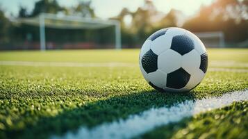 A soccer ball rests on a green field ready for play photo