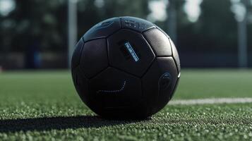 A black soccer ball placed on green artificial grass photo
