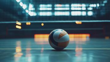 A volleyball rests on the court near the net awaiting action photo