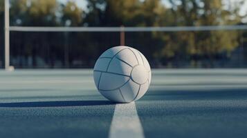A volleyball resting on the court near the net outdoors during daytime photo