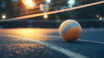 A volleyball resting on a court next to the net photo