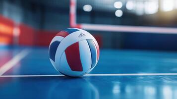 A volleyball rests on the court near the net ready for play photo