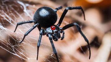 Close-up of a black widow spider on its web. photo